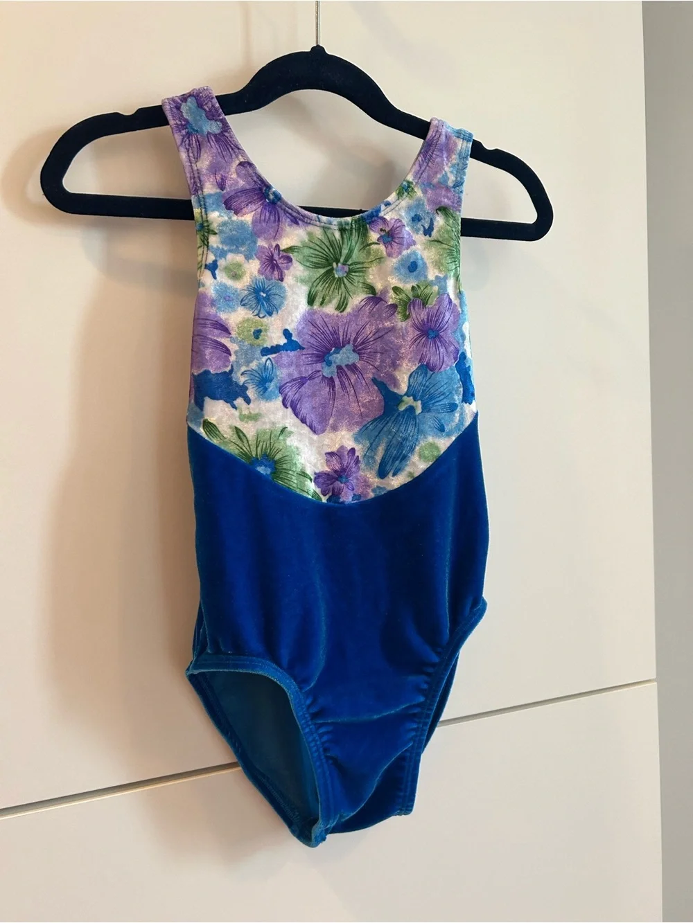 GK Girls Blue Floral Tank Velvet Gymnastics Leotard - Child’s Medium